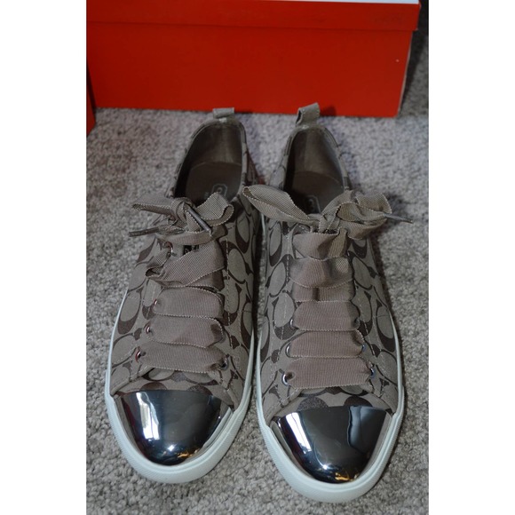 New Coach Makayla 12CM Spot Gloss Signature Shoes Flats 8.5 Slate Gray Grey - Picture 1 of 6